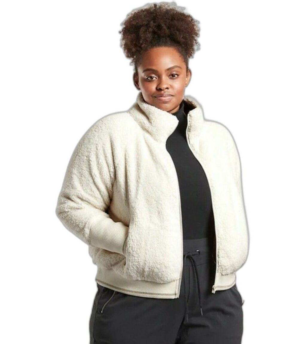 ATHLETA Tugga Sherpa Bomber Jacket Natural White Zip Front Womens Size 1X NWT